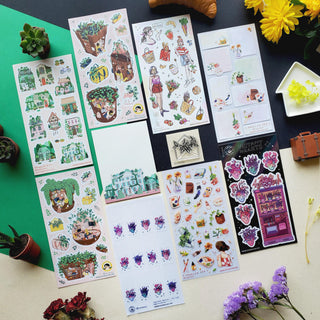 plants planter garden house home heart vending machine purple flowers leafs sticker sheet labels stamp notepad