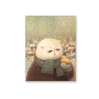 cat snow winter bird scarf white mini card